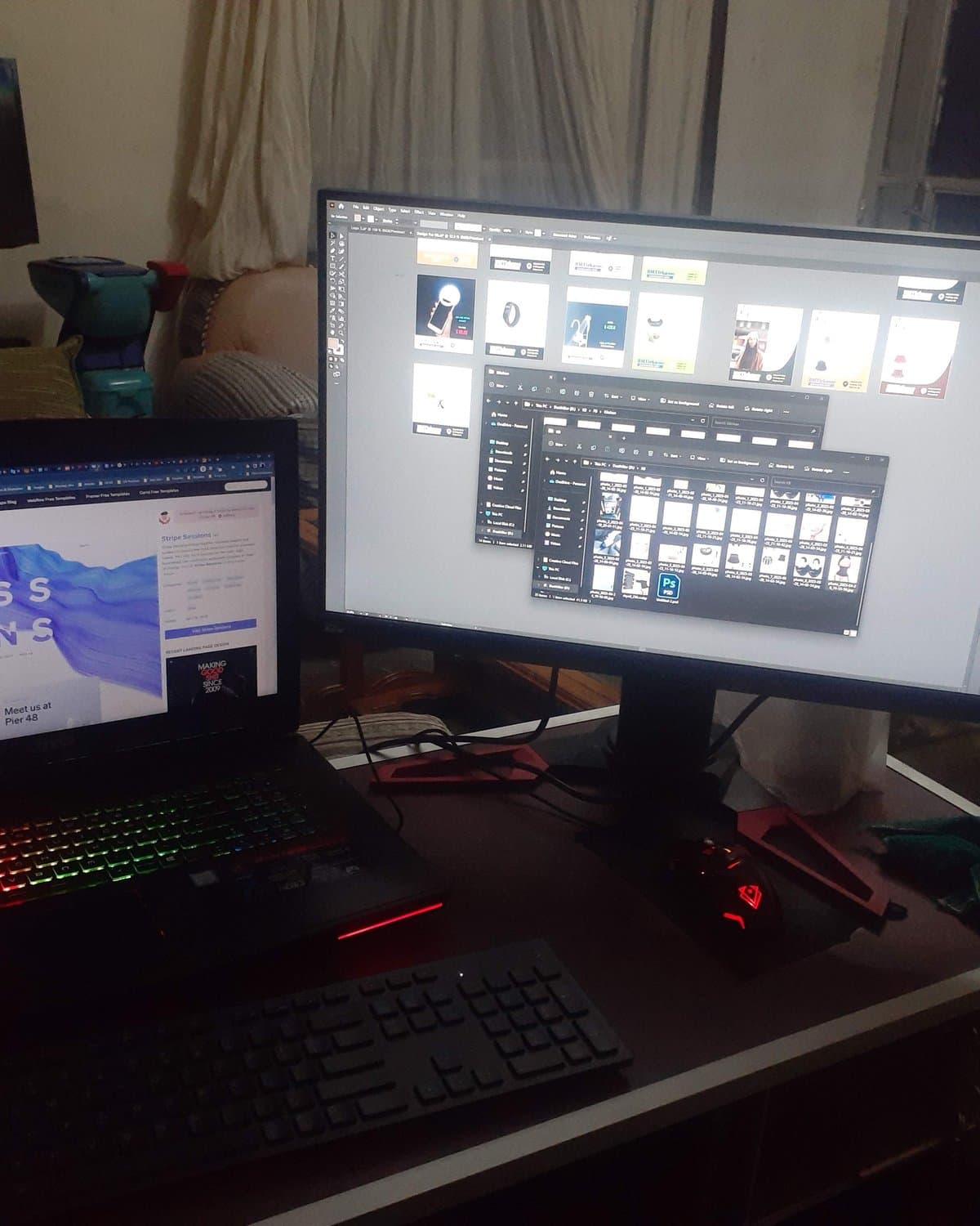 Semere's design workspace, with a landing page and Photoshop open